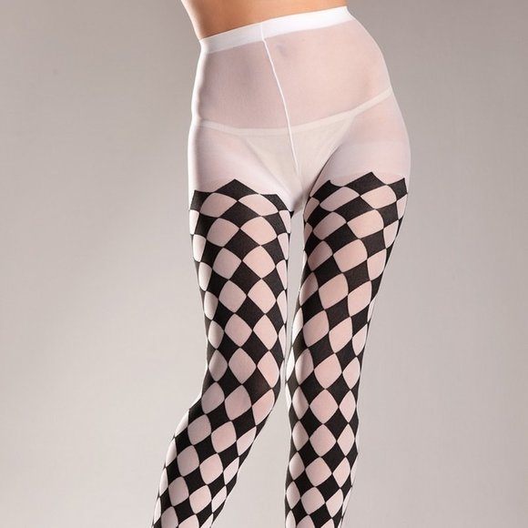 Accessories - Black White Checkered Harlequinn Tights Opaque Full Footed Pantyhose